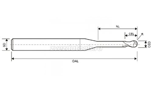 YP602LGB R0.15-0.6-2-d0.27-D4-50L-2T Твердосплавная сферическая фреза 2-х зубая с удлиненной шейкой для обработки стали до 55HRC YP602LGB R0.15-0.6-2-d0.27-D4-50L-2T Твердосплавная сферическая фреза 2-х зубая с удлиненной шейкой для обработки стали до 55HRC